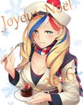  2016 absurdres belt belt_buckle beret blonde_hair blue_eyes blue_hair breasts buckle cake cleavage collarbone commandant_teste_(kantai_collection) commentary enosan fingernails food fork french fruit grin hat highres holding holding_fork kantai_collection long_hair long_sleeves looking_at_viewer medium_breasts multicolored multicolored_clothes multicolored_hair multicolored_scarf plate red_hair revision scarf smile snowflake_background solo strawberry translated white_background white_hair 