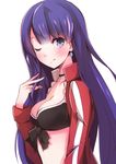  ;) bad_id bad_pixiv_id blue_eyes breasts cleavage closed_mouth cross cross_necklace earrings enelis fate/grand_order fate_(series) front-tie_bikini front-tie_top jacket jewelry long_hair looking_at_viewer medium_breasts necklace one_eye_closed open_clothes open_jacket purple_hair saint_martha saint_martha_(swimsuit_ruler)_(fate) smile solo swimsuit upper_body white_background 