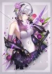  bangs black_gloves breasts cleavage commentary_request covered_navel elbow_gloves floral_background flower gauntlets gloves hair_between_eyes hair_flower hair_ornament headgear large_breasts leotard looking_at_viewer mecha_musume original parted_lips purple_flower purple_rose rose see-through sheath sheathed short_hair silver_hair solo sword t-track teeth turtleneck upper_body weapon white_leotard 