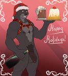  2016 alcohol amber_eyes bear beer beverage biceps black_fur cake castbound chest_tuft christmas english_text food fur half-erect harness hat holidays humanoid_penis looking_at_viewer male mammal muscular pecs penis precum pubes santa_hat solo text tuft uncut wine 