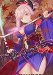  armpits blue_eyes breasts cleavage dual_wielding eyebrows_visible_through_hair fate/grand_order fate_(series) highres holding holding_sword holding_weapon japanese_clothes katana kesoshirou kimono large_breasts looking_at_viewer miyamoto_musashi_(fate/grand_order) navel obi ponytail sash solo sword weapon 