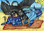  avian beach beak black_feathers brown_eyes claws day detailed_background dragon duo feathered_wings feathers feral green_eyes gryphon horn membranous_wings natoli nude open_mouth outside sand seaside sky smile spines traditional_media_(artwork) water wings 