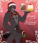  2016 alcohol amber_eyes bear beer beverage biceps black_fur cake candy candy_cane castbound chest_tuft christmas english_text food fur harness hat holidays humanoid_penis looking_at_viewer male mammal mistletoe muscular pecs penis plant precum pubes santa_hat solo text tuft uncut vein veiny_penis wine 