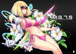  bikini blonde_hair breasts cleavage commentary_request cyborg floral_background flower large_breasts lily_(flower) mechanical_arm navel original outstretched_hand parted_lips parts_exposed pink_bikini short_hair side-tie_bikini solo strap_gap sunglasses swimsuit t-track teeth thighs white_flower 