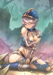  armor armored_boots boots breasts closed_mouth eyebrows_visible_through_hair farrah_(granblue_fantasy) flag granblue_fantasy hair_between_eyes helmet looking_at_viewer medium_breasts on_ground one_eye_closed outdoors purple_eyes ryouku short_hair silver_hair sitting solo tears torn_clothes 