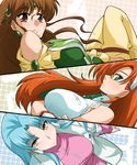  3girls aqua_hair banpresto bare_shoulders bioroid_hei blue_hair breasts brown_eyes brown_hair cliana_rimskaya earrings feathers fingerless_gloves glacies gloves green_eyes hair_ornament jacket jewelry long_hair looking_at_viewer monica_grania_bilseia multiple_girls necktie orange_hair smile super_robot_wars super_robot_wars_destiny super_robot_wars_original_generation super_robot_wars_the_lord_of_elemental thighhighs yellow_eyes 