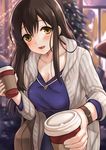  akagi_(kantai_collection) bangs blouse blue_blouse blurry blush breasts brown_eyes brown_hair cardigan christmas_tree cleavage coffee_cup cup depth_of_field disposable_cup eyebrows_visible_through_hair fukuroumori hair_between_eyes holding holding_cup kantai_collection large_breasts leaning_forward long_hair looking_at_viewer open_mouth outdoors smile snow solo watch wristwatch 