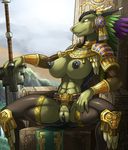  2017 abs anthro aztec big_breasts breasts chair clitoris female hi_res jewelry link2004 nipple_piercing nipples pecs piercing pussy scalie sitting solo throne weapon 