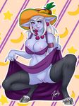  2017 5_fingers anthro areola banana big_breasts breasts caprine clothed clothing clothing_lift colored_nails crouching digitigrade dress dress_lift ear_piercing female fingers food fruit grapes hair hat hi_res hooves humanoid jewelry league_of_legends legwear long_ears long_hair looking_at_viewer mammal necklace nipples no_underwear peace_sign_(disambiguation) piercing pineapple purple_eyes purple_lips purple_nails purple_skin pussy riot_games simple_background solo soraka star stockings thigh_highs video_games white_hair xinaelle 