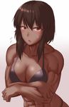  1girl abs bikini breasts brown_hair female muscle ranma_(kamenrideroz) red_eyes solo 