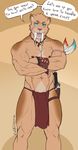  abs anthro athletic biceps blue_eyes bulge castbound clothing crossed_arms english_text fangs feline fur grin jewelry loincloth looking_at_viewer male mammal manly muscular muscular_male navel necklace nipples pecs saber-toothed_cat scar smile solo standing tan_fur text tribal vein 