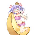  :d animal animal_on_shoulder aqua_eyes artist_request banana_boat barefoot bikini bikini_skirt blue_eyes bow crown frilled_bikini frills inflatable_toy koala lavender_hair looking_at_viewer midriff navel official_art open_mouth outstretched_arm outstretched_hand pink_bikini purple_hair rest_and_vacation short_hair smile solo straddling swimsuit transparent transparent_background two_side_up uchi_no_hime-sama_ga_ichiban_kawaii wet 