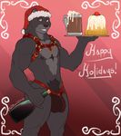 2016 alcohol amber_eyes bear beer beverage biceps black_fur bulge cake castbound chest_tuft christmas clothing english_text food fur harness hat holidays jockstrap looking_at_viewer male mammal muscular pecs pubes santa_hat solo text tuft underwear wine 