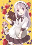  :d anyaaki apron blueberry bow bowtie breasts cowboy_shot food fruit highres long_sleeves looking_at_viewer maid maid_headdress medium_breasts menu multiple_girls omurice open_mouth original pink_hair purple_eyes purple_hair short_twintails silver_hair simple_background skirt smile strawberry thighhighs tray twintails waitress yellow_background 