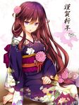  2017 alternate_costume arm_support artist_name bangs brown_hair commentary_request dahlia_(flower_knight_girl) dated floral_print flower flower_knight_girl from_side gradient_hair hair_between_eyes hair_flower hair_ornament hand_on_lap highres japanese_clothes kimono long_hair long_sleeves looking_at_viewer looking_to_the_side low-tied_long_hair moneti_(daifuku) multicolored_hair nail_polish obi parted_lips pink_nails purple_eyes sash sidelocks signature sitting smile solo translation_request very_long_hair wide_sleeves 