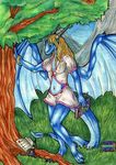  barefoot blonde_hair clothed clothing day dragon female grass hair horn membranous_wings midriff natoli navel outside smile standing traditional_media_(artwork) tree wings 