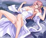  armpits arms_up bangs bare_shoulders blue_eyes blush breasts cleavage covered_nipples dress dress_lift dutch_angle foreshortening formal grin gundam gundam_seed gundam_seed_destiny hair_ornament lacus_clyne large_breasts long_hair looking_away lux lying naughty_face nipple_slip nipples non-web_source on_back panties pantyshot pantyshot_(lying) pink_hair pink_panties shawl shiny shiny_skin smile solo spread_legs underwear 