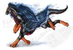  black_skin blue_featheres claws dragon feathered_wings feathers horn male natoli red_eyes simple_background smile solo standing taur traditional_media_(artwork) watermark white_background wings 