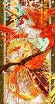  animal bird branch canvas_(object) chicken chinese_zodiac commentary_request fire highres mythological_creature no_humans oki_(a-terubz) ookami_(game) petals red_wings sun tree tree_branch twitter_username white_wolf wings wolf year_of_the_rooster 