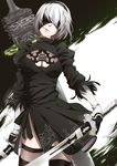 black_dress black_footwear black_legwear blindfold boots breasts cleavage cleavage_cutout cowboy_shot dress dual_wielding gloves hairband head_tilt holding holding_sword holding_weapon juliet_sleeves large_breasts long_sleeves mole mole_under_mouth nier_(series) nier_automata puffy_sleeves short_hair silver_hair simple_background skindentation solo standing sword thigh_boots thighhighs weapon weapon_on_back yorha_no._2_type_b yukichi_(mainitiiitenkidana07) 