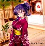  asymmetrical_hair bangs blurry blush braid breasts commentary_request cowboy_shot depth_of_field ema floral_print furisode happy_new_year highres japanese_clothes kimono kimura_shuuichi large_breasts long_hair long_sleeves looking_at_viewer new_year nose_blush obi original parted_lips purple_eyes purple_hair sash side_ponytail sidelocks solo twitter_username wide_sleeves 