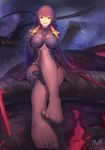  artist_name bodysuit breasts covered_navel covered_nipples fate/grand_order fate_(series) feet gae_bolg large_breasts long_hair looking_at_viewer magic_xiang no_shoes parted_lips pauldrons polearm pov_feet purple_bodysuit purple_hair red_eyes scathach_(fate)_(all) scathach_(fate/grand_order) signature solo spear veil weapon 