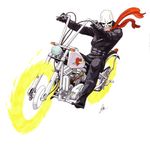  artist_name biker_clothes full_body ground_vehicle hell_biker highres kazuma_kaneko looking_at_viewer male_focus motor_vehicle motorcycle official_art oldschool riding scarf shin_megami_tensei skull solo 