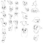  2016 anthro black_and_white bluedouble canine disney duo expression_sheet female fox judy_hopps lagomorph male mammal monochrome nick_wilde rabbit simple_background sketch sketch_page white_background zootopia 