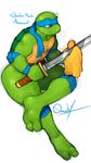  0r0ch1 anthro elbow_pads green_skin knee_pads leonardo_(tmnt) male mask melee_weapon ninjato reptile scalie shell smile solo sword teenage_mutant_ninja_turtles thick_thighs turtle weapon 