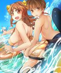  1girl bare_back bare_shoulders bikini bow breasts brown_eyes brown_hair hair_bow highres innertube long_hair looking_at_viewer looking_back medium_breasts open_mouth original pointing side-tie_bikini smile strap_gap suoni_(deeperocean) swimsuit water_slide yellow_bikini 