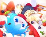  anthro aoino blue_eyes blue_hair blueberry_(disambiguation) blush canine clothing coat cub dog food fruit hair looking_at_viewer lying male mammal on_back open_mouth panckae raspberry scarf shorts solo strawberry young 