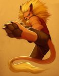  4_toes action_pose anthro athletic barefoot blonde_hair blue_eyes brown_fur claws clothed clothing digimon falvie feline fur grin hair leomon lion male mammal muscular orange_fur pants pawpads paws pose raised_leg simple_background solo toe_claws toes topless 