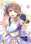  blush bob_cut breasts brown_eyes brown_hair detached_sleeves fingerless_gloves gloves hagiwara_yukiho hair_ornament happy_new_year highres idolmaster idolmaster_(classic) izuki_(toneya) japanese_clothes large_breasts navel new_year open_mouth outstretched_hand short_hair smile solo 