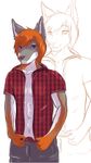  abs anthro canine clothed clothing facial_hair goatee looking_at_viewer lunarii male mammal open_shirt penis revealing_(disambiguation) smile solo standing 