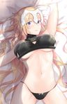  arm_up ass_visible_through_thighs bare_shoulders bed_sheet black_panties blonde_hair blue_eyes blush breasts cleavage_cutout cosplay fate/apocrypha fate_(series) headpiece iwanaga_tm jack_the_ripper_(fate/apocrypha) jack_the_ripper_(fate/apocrypha)_(cosplay) jeanne_d'arc_(fate) jeanne_d'arc_(fate)_(all) large_breasts long_hair looking_at_viewer lying navel on_back panties pillow solo twitter_username underboob underwear very_long_hair 