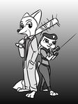 2016 anthro baseball_bat black_and_white bluedouble canine capcom clothed clothing cosplay costume disney duo female fox gradient_background grey_background gun halloween hand_in_pocket handgun holidays jill_valentine judy_hopps lagomorph left_4_dead_(series) looking_at_viewer male mammal monochrome nick_(left_4_dead) nick_wilde pistol police_uniform pose rabbit ranged_weapon resident_evil simple_background smile uniform valve video_games weapon zootopia 