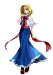  absurdres alice_margatroid blonde_hair blue_dress blue_eyes bow bowtie capelet commentary_request dress full_body highres katsuko_(tohyarei) looking_at_viewer parted_lips red_bow red_footwear red_neckwear sash shoes short_hair solo standing touhou white_capelet 