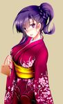  asymmetrical_hair bangs blush braid breasts commentary_request cowboy_shot ema floral_print furisode happy_new_year highres japanese_clothes kimono kimura_shuuichi large_breasts long_hair long_sleeves looking_at_viewer new_year nose_blush obi original parted_lips purple_eyes purple_hair sash side_ponytail sidelocks solo wide_sleeves 