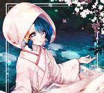  blue_eyes blue_hair commentary_request drill_hair eyeliner head_fins hood japanese_clothes kimono makeup mermaid mokokiyo_(asaddr) monster_girl solo touhou uchikake wakasagihime 