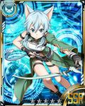  animal_ears arrow black_footwear black_shorts blue_eyes blue_hair bow_(weapon) breastplate card_(medium) cat_ears cat_tail hair_between_eyes hair_ribbon holding holding_weapon looking_at_viewer official_art ribbon shoes short_hair_with_long_locks short_shorts shorts sidelocks sinon sinon_(sao-alo) solo star sword_art_online sword_art_online:_code_register tail thigh_strap weapon 