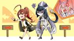  3girls ahoge android anger_vein angry animal_ears arc_system_works artist_request black_hair blazblue blush breasts brown_eyes brown_hair cape cat_ears celica_a_mercury directional_arrow glasses hair_ribbon kokonoe minerva_(blazblue) multiple_girls open_mouth pince-nez pink_hair ponytail red_eyes robot school_uniform screaming shaded_face shiny shiny_hair skirt smile tonuge turn_pale yellow_eyes 