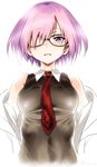  bare_shoulders black-framed_eyewear blush fate/grand_order fate_(series) glasses hair_over_one_eye highres inu_(aerodog) jacket looking_at_viewer mash_kyrielight necktie open_clothes open_jacket purple_eyes purple_hair shirt short_hair sleeveless sleeveless_shirt solo twitter_username white_background 