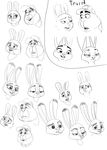  2016 anthro black_and_white bluedouble bonnie_hopps disney english_text expression_sheet female group judy_hopps lagomorph male mammal monochrome rabbit simple_background sketch sketch_page stu_hopps text white_background zootopia 