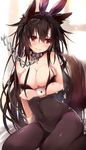  alternate_costume animal_ears bare_shoulders black_legwear breasts brown_hair bunny_ears bunnysuit chain cleavage collarbone efe fake_animal_ears imaizumi_kagerou large_breasts long_hair pantyhose red_eyes sitting solo tail tears touhou very_long_hair wavy_mouth wolf_ears wolf_tail wrist_cuffs 