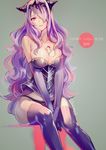  animal armor bare_shoulders bird black_panties breast_press breasts camilla_(fire_emblem_if) chicken cleavage cleavage_cutout fire_emblem fire_emblem_if gloves large_breasts lips long_hair looking_at_viewer miyuki_ruria panties parted_lips purple_hair smile solo thighhighs underwear 