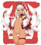  :d blue_eyes blush capelet cowboy_shot dark_skin flat_chest groin headdress heart holding long_hair looking_at_viewer navel open_mouth original panties rooster_tail sessue side-tie_panties skindentation smile solo thigh_strap underwear white_hair white_panties white_wings wing_collar wings 