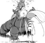  after_(artist) aggron battle commentary gen_3_pokemon gen_7_pokemon greyscale highres kicking monochrome motion_blur no_humans pheromosa pokemon pokemon_(creature) ultra_beast 