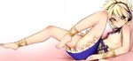 &gt;:) anklet ass bangs bare_legs barefoot bed blush bracelet breasts brown_eyes brown_hair earmuffs feet full_body highres jewelry kaisenpurin leg_lift legs looking_at_viewer lying miniskirt on_back on_bed plantar_flexion skirt sleeveless small_breasts smile solo touhou toyosatomimi_no_miko v-shaped_eyebrows 