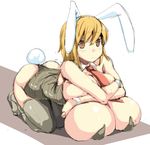  1girl bare_shoulders bent_over black_thighhighs blonde_hair breast_suppress breasts brown_eyes bunny_ears bunny_girl bunny_tail bunnysuit cleavage female gigantic_breasts hair_ornament kneeling leotard looking_at_viewer necktie nipaishin nira short_hair simple_background sketch solo tail thighhighs 