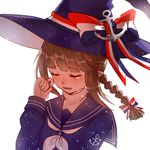  :d anchor_symbol blue_shirt blush bow braid brown_hair closed_eyes crying eyebrows_visible_through_hair hair_bow hat long_sleeves majiang neckerchief oounabara_to_wadanohara open_mouth pointy_ears sailor_collar shirt simple_background smile solo striped striped_bow turtleneck upper_body wadanohara white_background witch witch_hat 